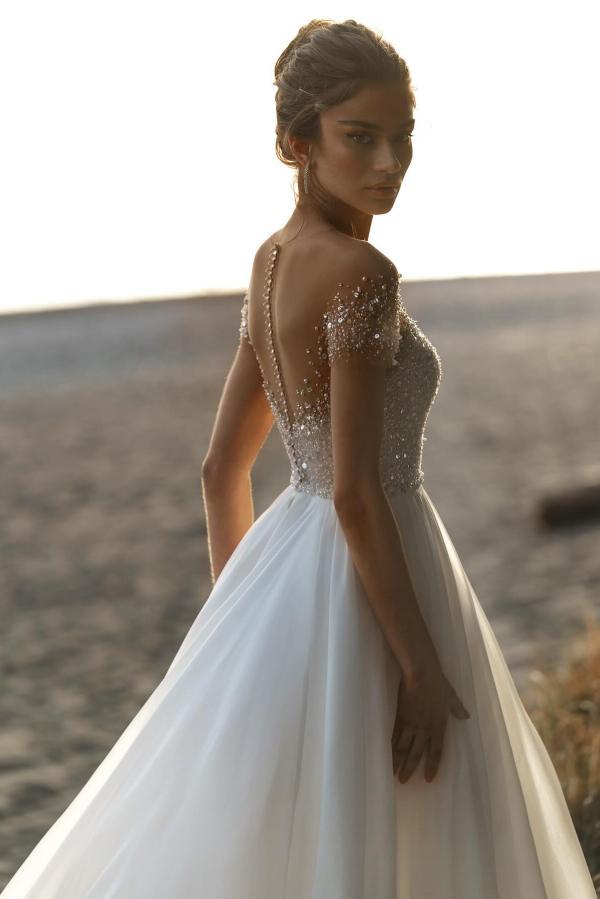 Elegante Boho Hochzeitskleider A Linie Chiffon Brautkleider mit Glitzer