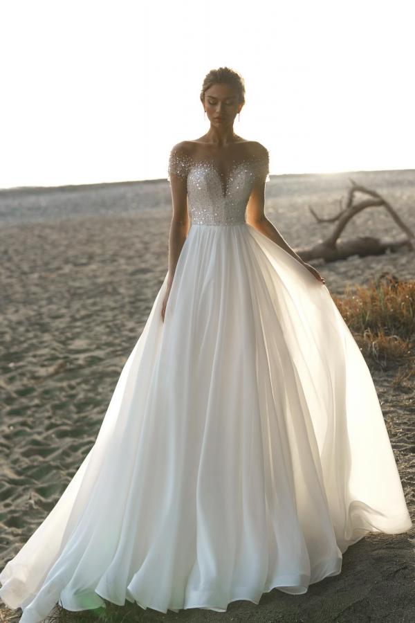 Elegante Boho Hochzeitskleider A Linie Chiffon Brautkleider mit Glitzer
