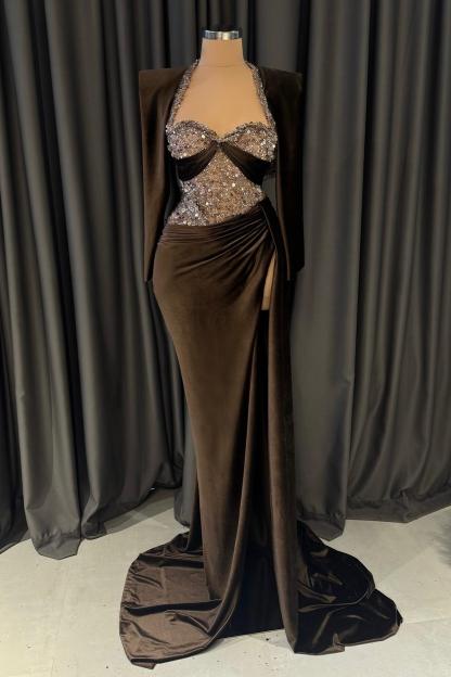 Velvet Abendkleider Lang Schwarz Glitzer Ballkleider mit Ärmel