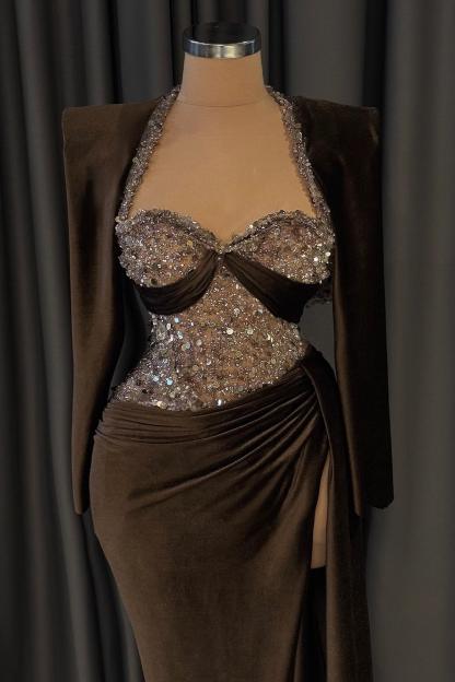 Velvet Abendkleider Lang Schwarz Glitzer Ballkleider mit Ärmel
