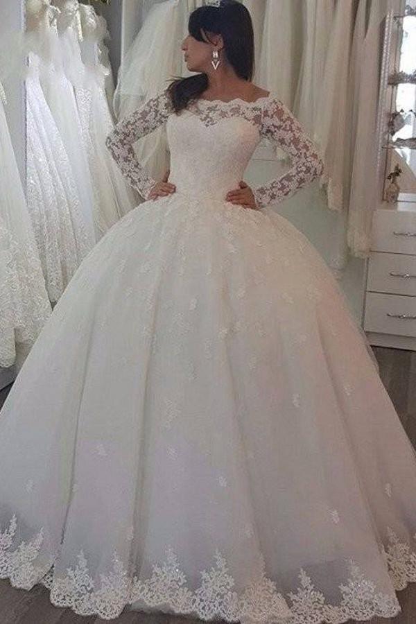 Elegant White Hochzeitskleider Mit Spitze Ärmel Prinzessin Brautkleider Günstig-Misshow.de