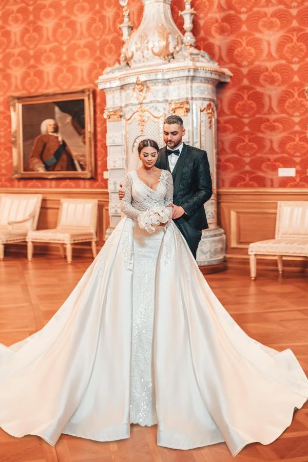 Schöne Brautkleider Glitzer mit Ärmel | Hochzeitskleider A Linie Satin