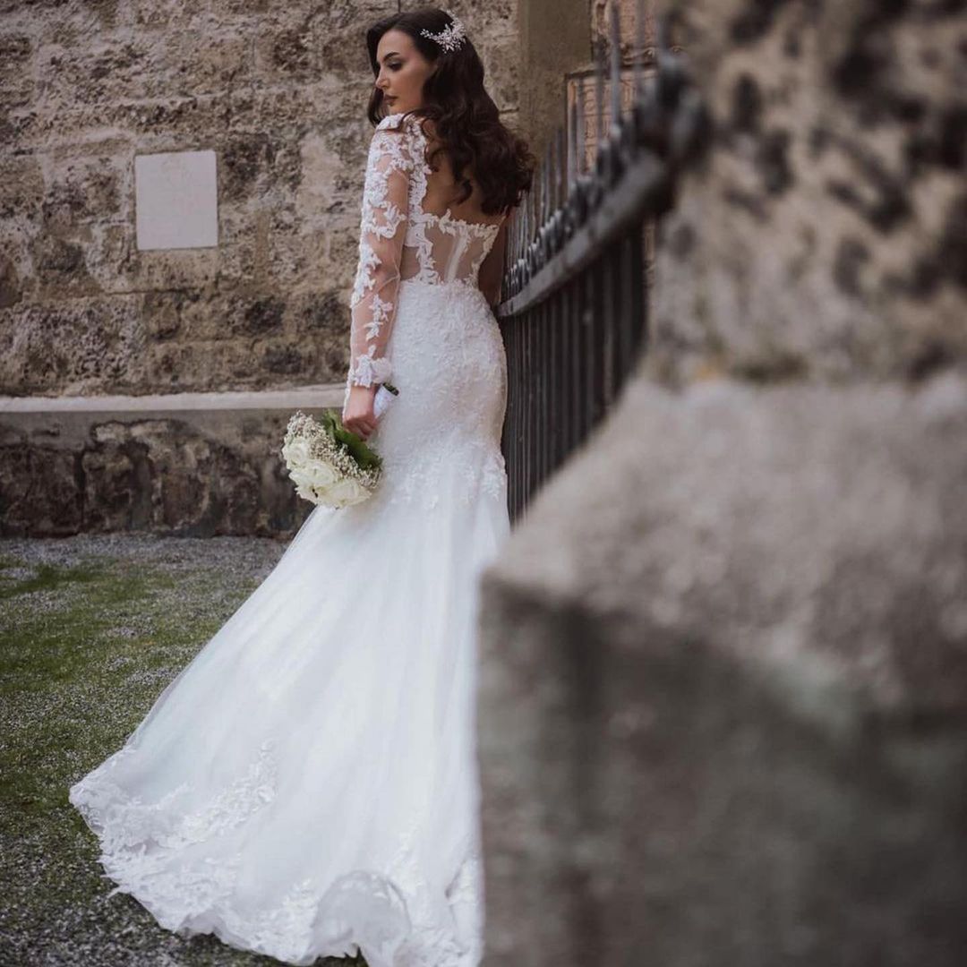 Brautkleider Mit Spitze | Hochzeitskleider Meerjungfrau mit Ärmel-Misshow.de