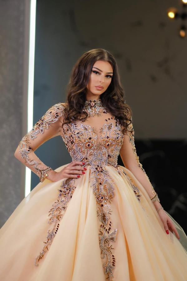 Champagner Hochzeitskleider Prinzessin | Brautkleid mit Ärmeln