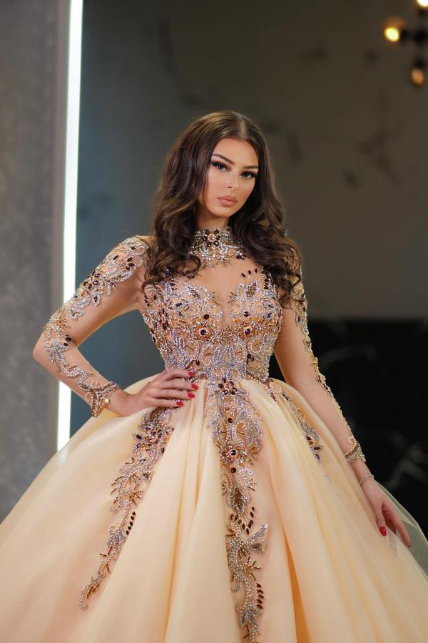 Champagner Hochzeitskleider Prinzessin | Brautkleid mit Ärmeln
