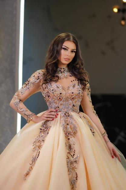 Champagner Hochzeitskleider Prinzessin | Brautkleid mit Ärmeln