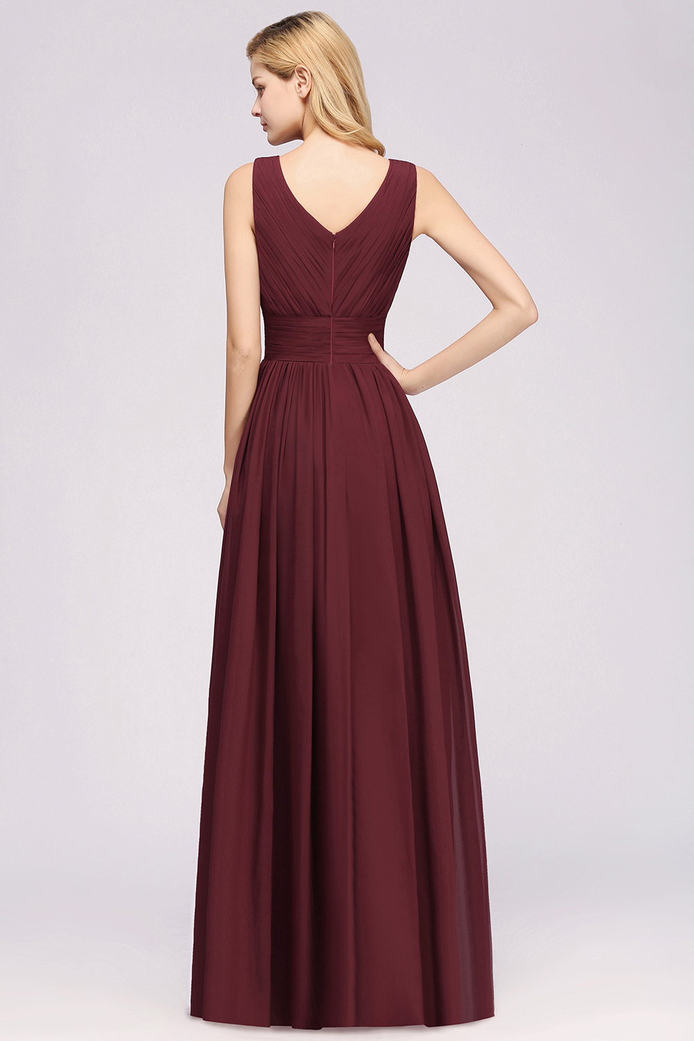 Weinrot Brautjungfernkleider Lang Chiffon | Abendkleider V Auschnitt