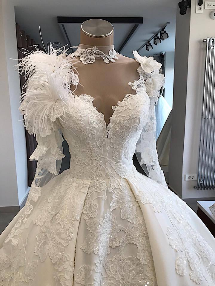 Modern Brautkleid Mit Ärmel | Prinzessin Hochzeitskleid Mit Federn