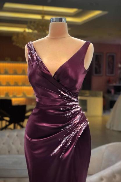 Purpur Abendkleid Lang V Ausschnitt | Abibalkleider mit Glitzer