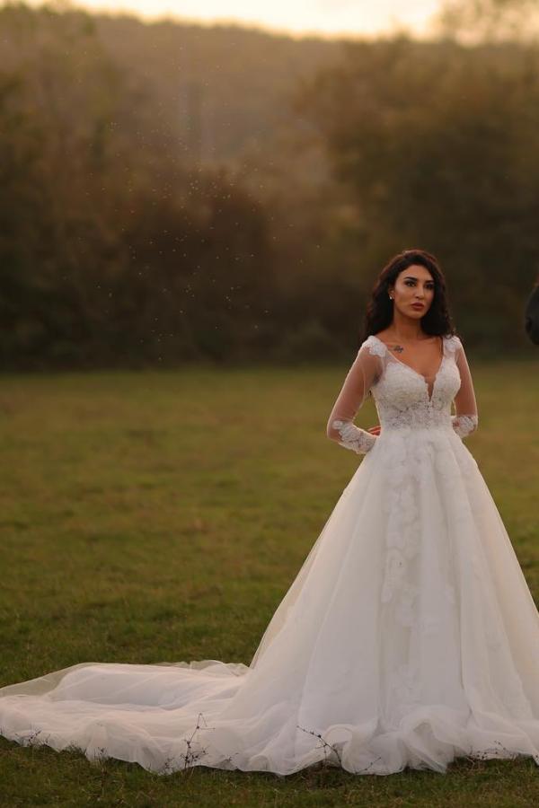 Modern Hochzeitskleider mit Ärmel | Brautkleider A Linie Spitze-Misshow.de