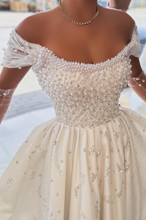 Weiße Abendkleider Lang Satin Abiballkleider Ballkleider mit Glitzer