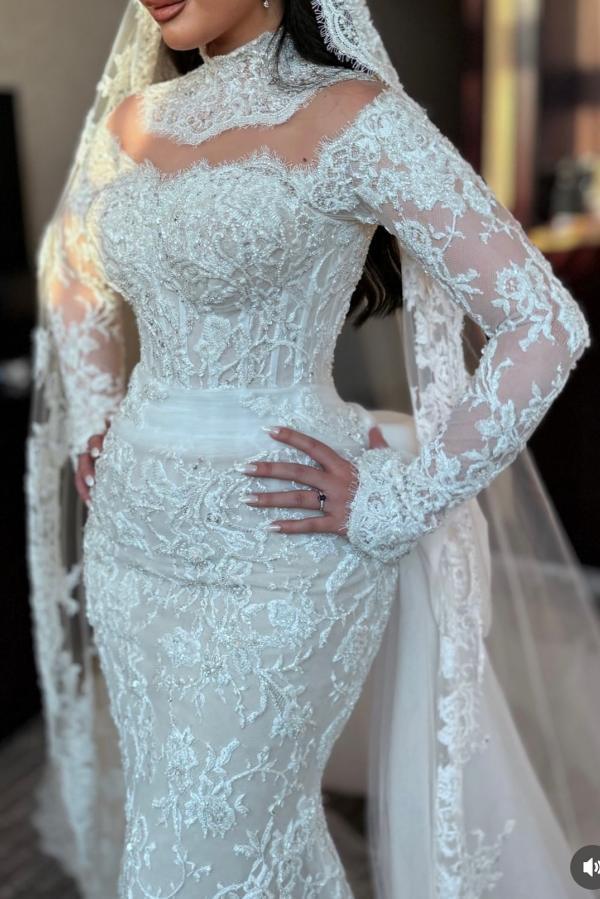 Elegante Brautkleider Spitze Meerjungfrau Hochzeitskleider mit Ärmeln
