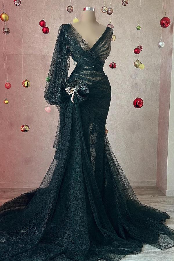 Sexy Abendkleider Lang Schwarz | Spitze Abiballkleider mit Ärmel