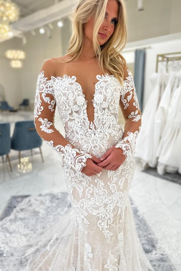 Elegante Brautkleider Meerjungfrau Stil Hochzeitskleider Spitze Lang Ärmel