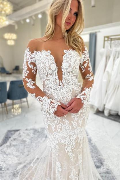 Elegante Brautkleider Meerjungfrau Stil Hochzeitskleider Spitze Lang Ärmel