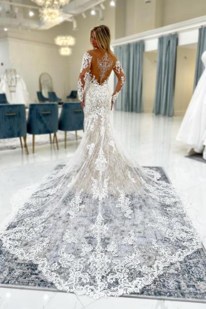 Elegante Brautkleider Meerjungfrau Stil Hochzeitskleider Spitze Lang Ärmel