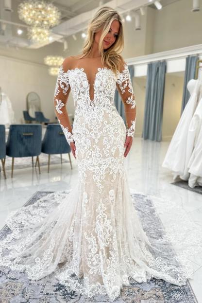 Elegante Brautkleider Meerjungfrau Stil Hochzeitskleider Spitze Lang Ärmel