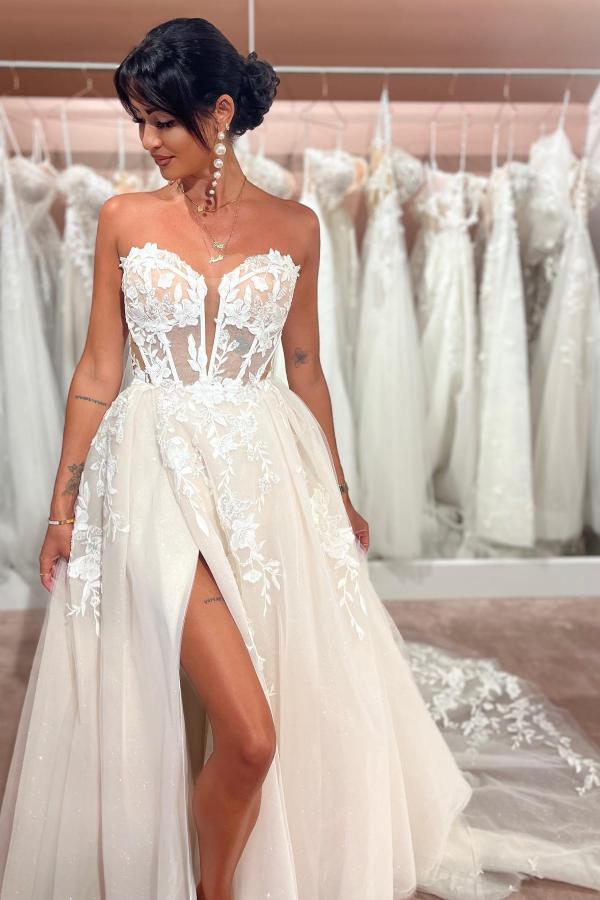 Sexy Brautkleider Cream | Hochzeitskleider A Linie Mit Spitze-Misshow.de