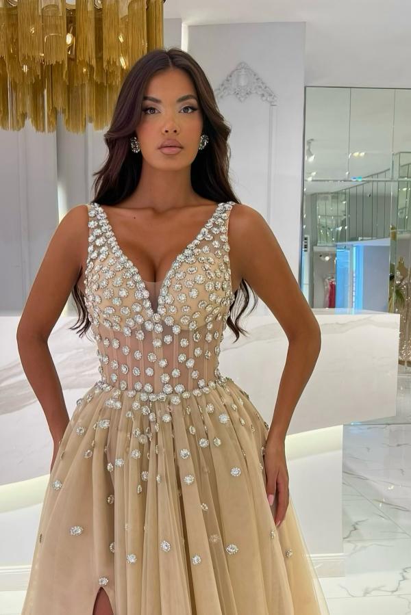 Abendkleider Lang V Ausschnitt Gold Ballkleider mit Glitzer