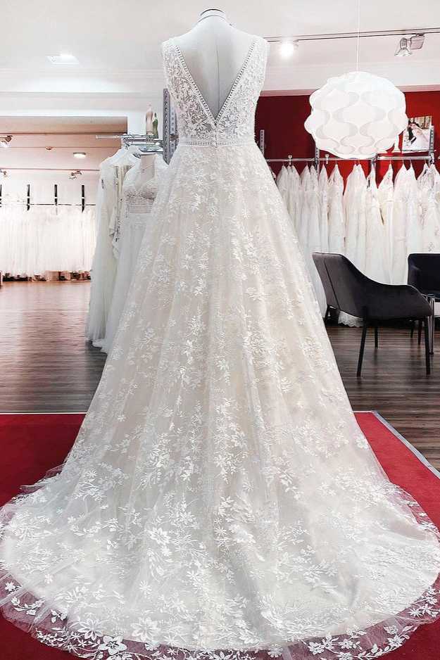 Brautkleider V Ausschnitt Mit Spitze | Creme Hochzeitskleider A Linie-Misshow.de
