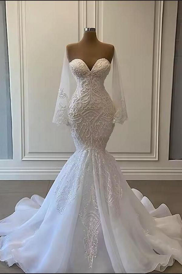 Luxus Brautkleider Mit Ärmel | Spitze Hochzeitskleid Meerjungfrau