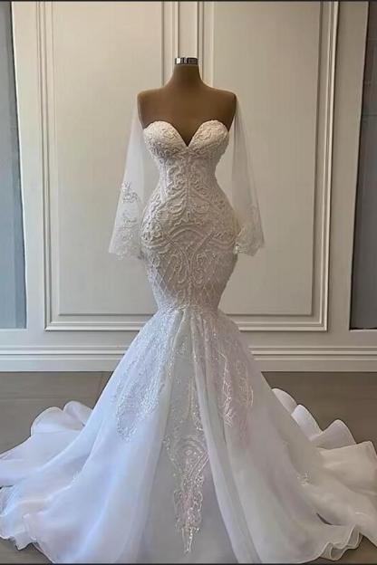Luxus Brautkleider Mit Ärmel | Spitze Hochzeitskleid Meerjungfrau