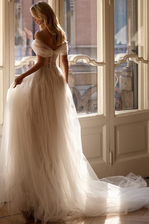 Boho Hochzeitskleider A Linie Spitze Tüll Brautkleid mit Glitzer