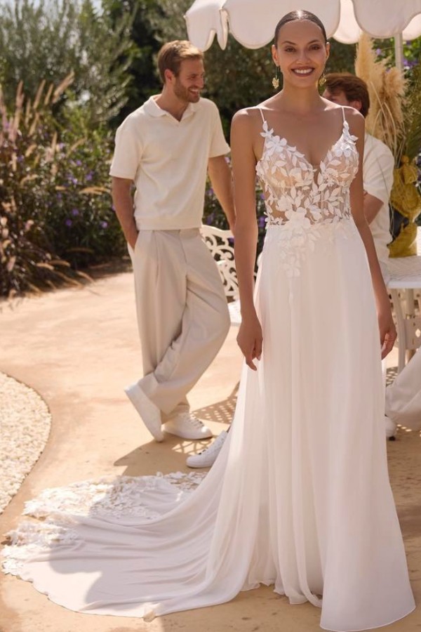 Boho Hochzeitskleider Strandhochzeit Chiffon Brautkleider mit Spitze