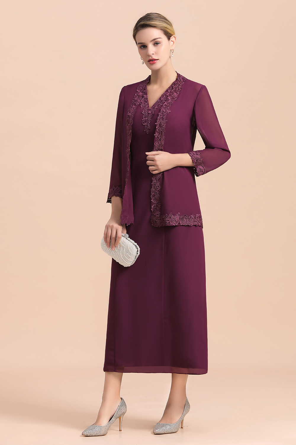 Grape Brautmutterkleider mit Jacket | Chiffon Kleider Brautmutter Suit-Misshow.de