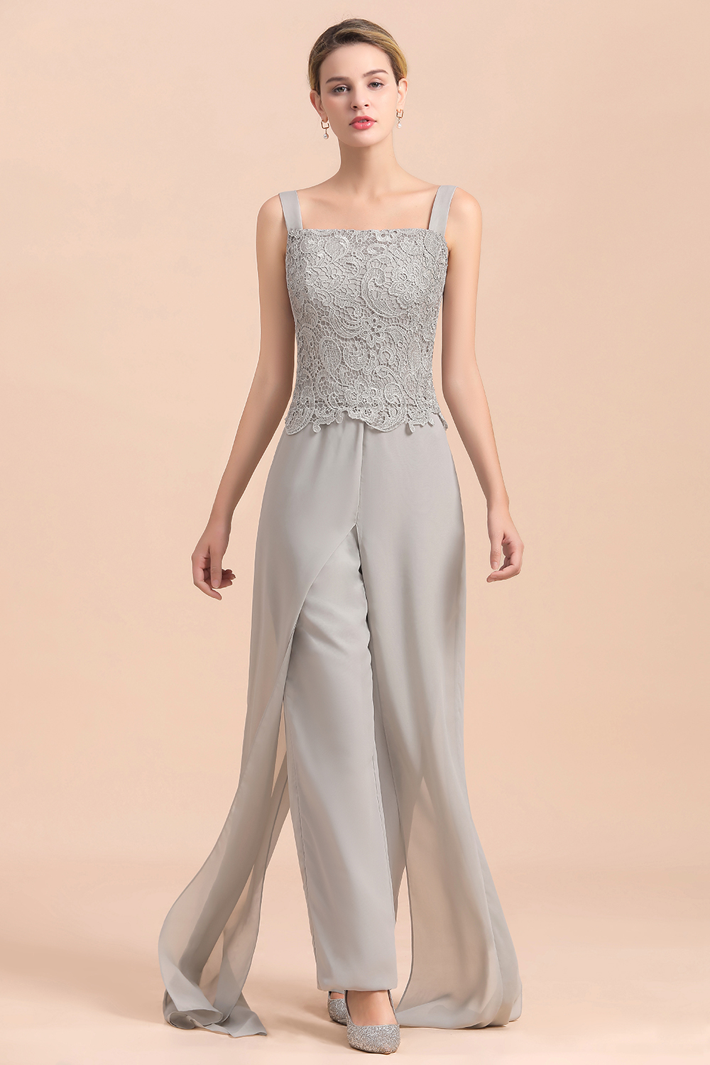 Silber Brautmutterkleid mit Jacket | 3 Teilige Brautmutterkleider-Misshow.de