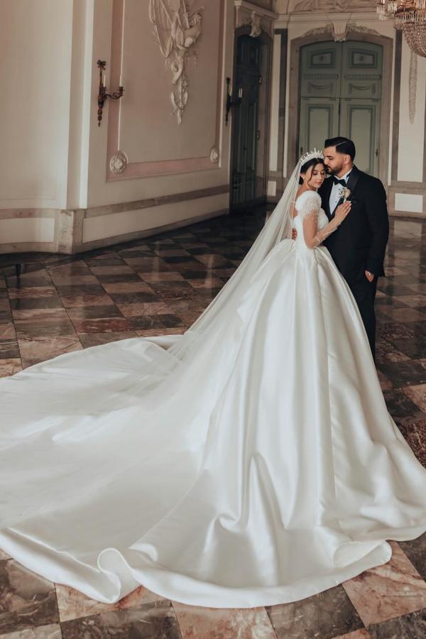 Designer Brautkleider Satin | Glitzer Hochzeitskleider mit Ärmel-Misshow.de