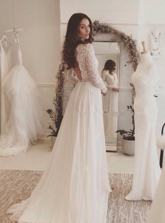 Sommer Weiß Brautkleider Lang Ärmel Spitze | Chiffon Hochzeitskleider Brautmoden Günstig