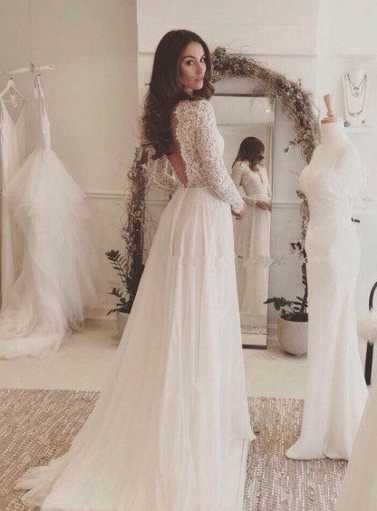 Sommer Weiß Brautkleider Lang Ärmel Spitze | Chiffon Hochzeitskleider Brautmoden Günstig