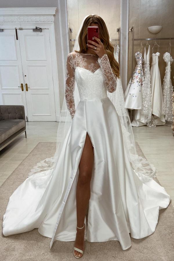 Designer Hochzeitskleider A Linie Spitze | Satin Brautkleid mit Ärmel