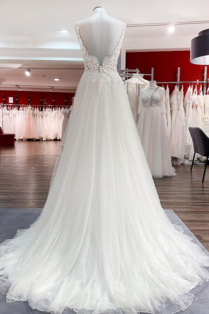 Designer Hochzeitskleider A Linie Spitze | Schlichtes Hochzeitskleid