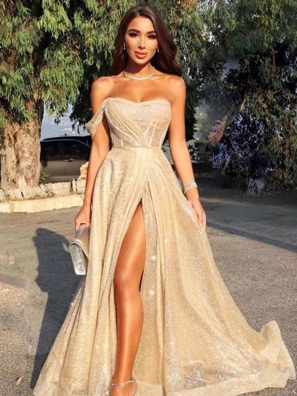 Designer Abiballkleider Lang Gold | Abendkleider Glitzer-Misshow.de