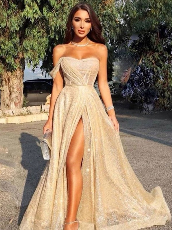 Designer Abiballkleider Lang Gold | Abendkleider Glitzer