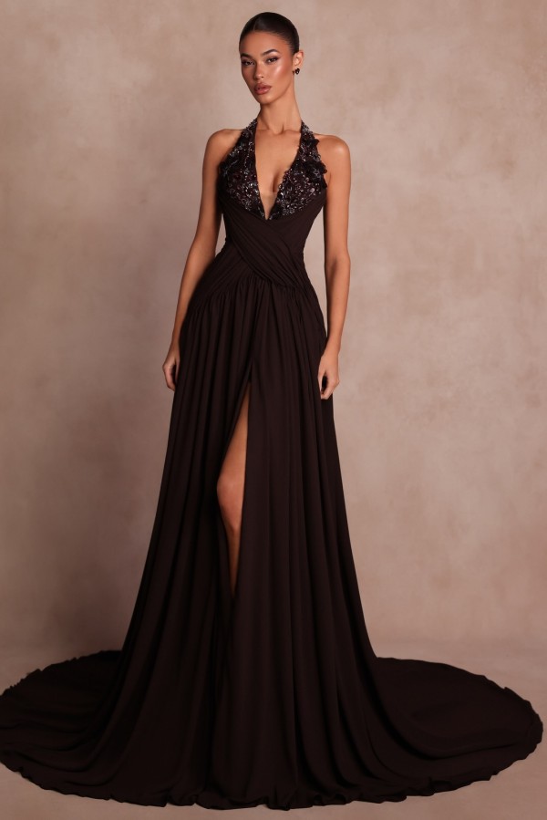 Elegante Abendkleider Lang Braun V Ausschnitt Ballkleider Chiffon