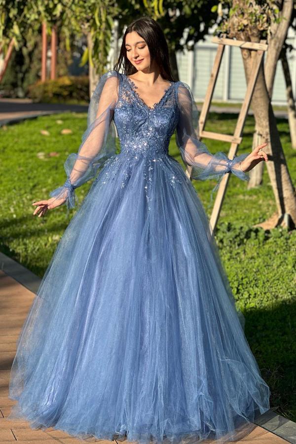 Elegante Abendkleider Lang V Ausschnitt | Blaue Abiballkleider Günstig