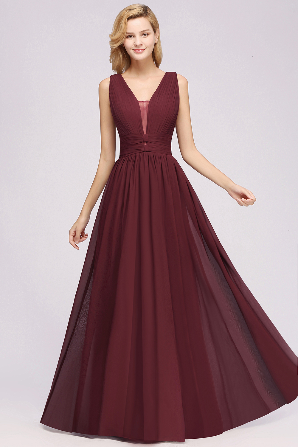 Weinrot Brautjungfernkleider Lang Chiffon | Abendkleider V Auschnitt