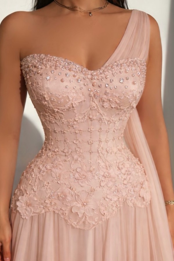 Schöne Abendkleider Lang Rosa Ballkleider mit Spitze