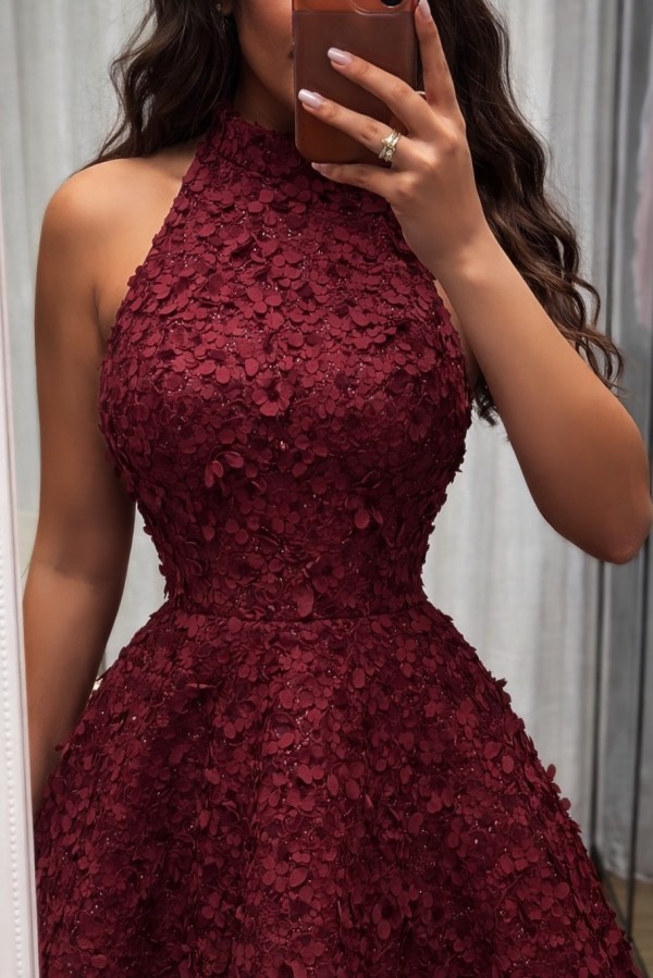 Vintage Abendkleider Lang Weinrot A Linie Spitze Ballkleider