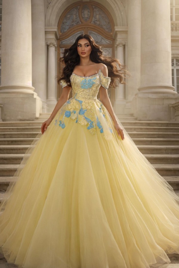 Prinzessin Ballkleid Lang Glitzer Gelb Abendkleider mit Spitze