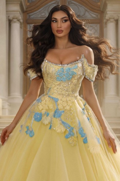 Prinzessin Ballkleid Lang Glitzer Gelb Abendkleider mit Spitze