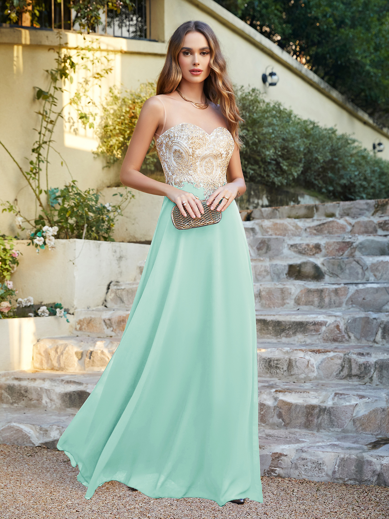 Elegante Abendkleider Lang Mint Grün | Abiballkleider Abendmoden mit Spitze-Misshow.de