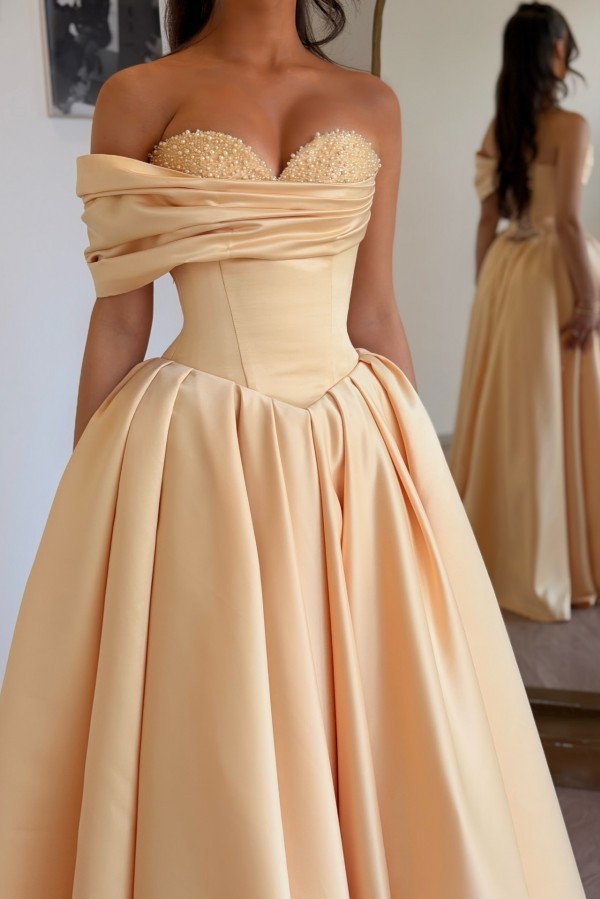 Schlichtes Abendkleid Lang Champagnergold Satin Ballkleid Günstig Online