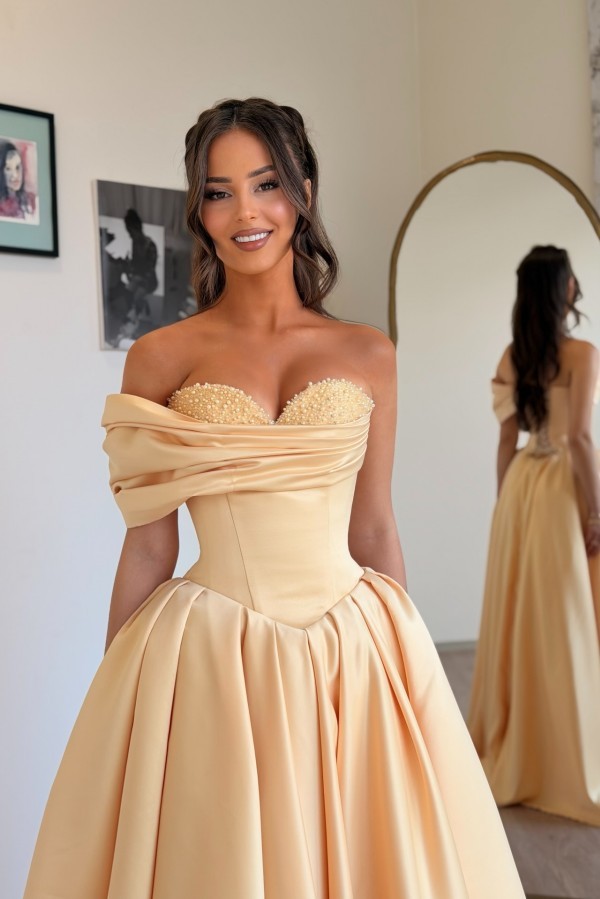 Schlichtes Abendkleid Lang Champagnergold Satin Ballkleid Günstig Online