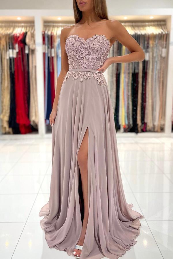Dunsty Rosa Abendkleider Lang Chiffon | Abiballkleider mit Spitze