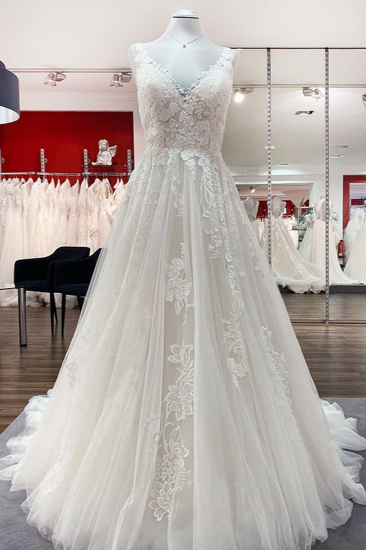 Designer Hochzeitskleider V Ausschnitt | Brautkleider A Linie Spitze