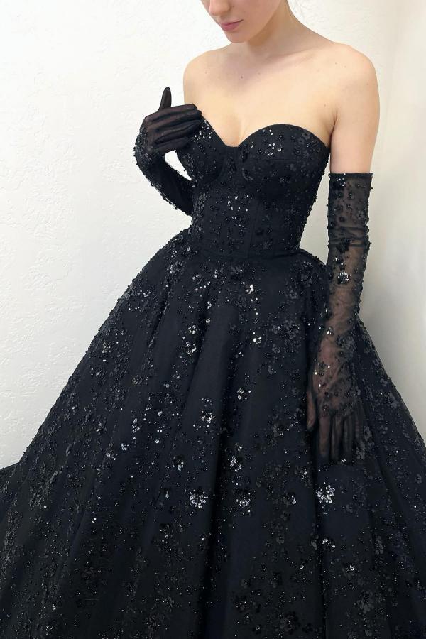 Vintage Brautkleider Schwarz | Glitzer Hochzeitskleider A Linie Spitze